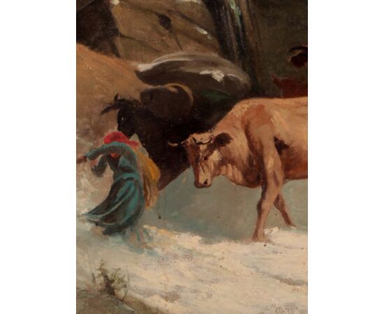 Olio su tela del 1800 Nord Europa Animali nella tormenta con pastore