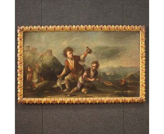 Italian painting landscape with children from the 18th century