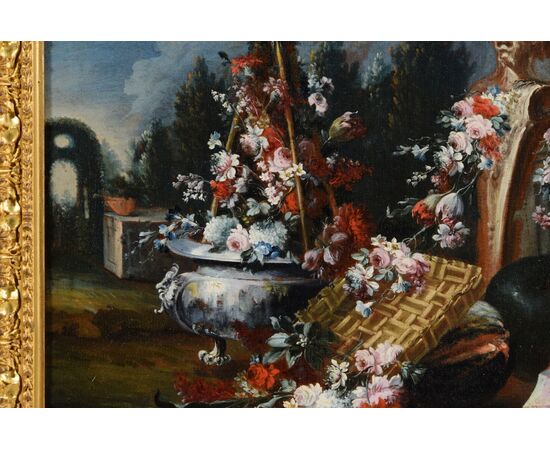 Natura morta con composizione di fiori e anguria ed erma con giardino sullo sfondo, Francesco Lavagna (Napoli 1684-1724)