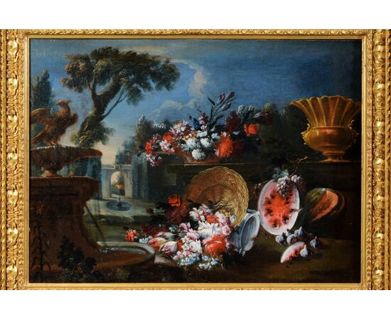 Pair of paintings depicting still lifes, composition of flowers and watermelon and garden in the background, Francesco Lavagna (Naples 1684-1724)     