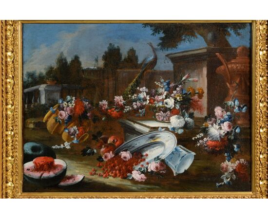 Pair of paintings depicting still lifes, composition of flowers and watermelon and garden in the background, Francesco Lavagna (Naples 1684-1724)     