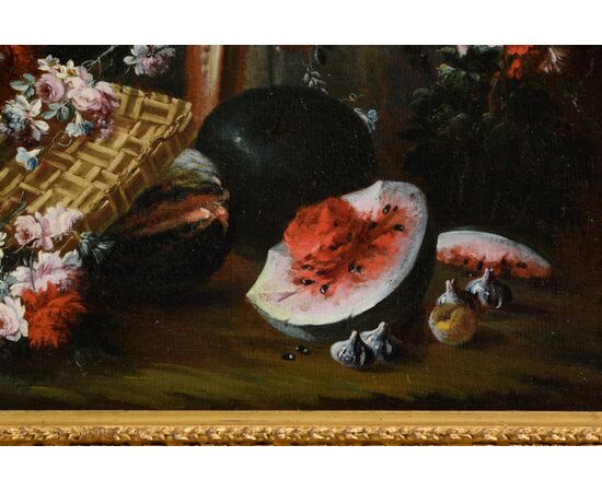Still life with composition of flowers and watermelon and herm with garden in the background, Francesco Lavagna (Naples 1684-1724)     