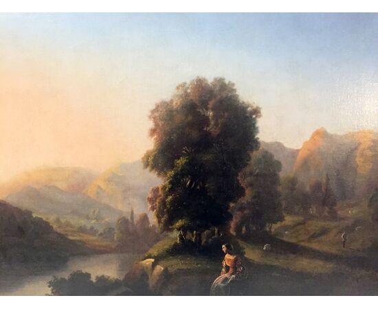 Oil painting on canvas, view of the Roman countryside with characters     