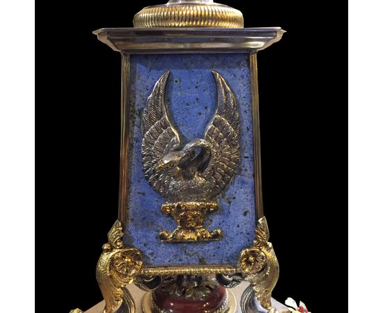 Four-light candelabra in silver, malachite, enamels and semi-precious stones, silversmith: Stefani     