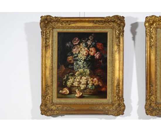 Pittore piemontese della seconda metà del XVIII secolo, Due Nature morte con composizione di fiori, frutta e funghi