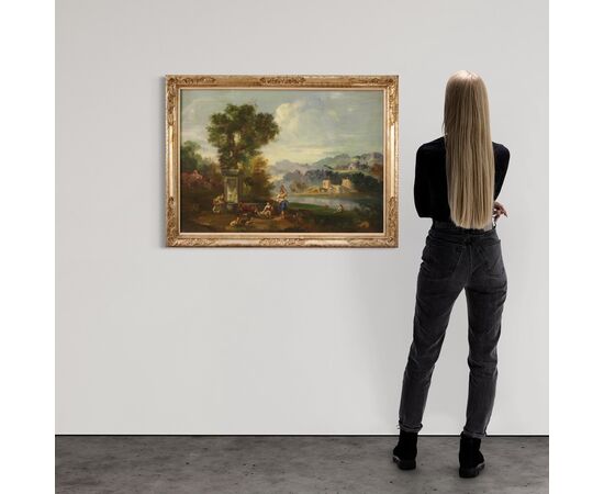 Dipinto olio su tela paesaggio con figure del XX secolo