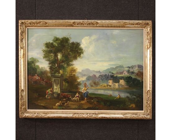 Painting oil on canvas landscape with figures from the 20th century
