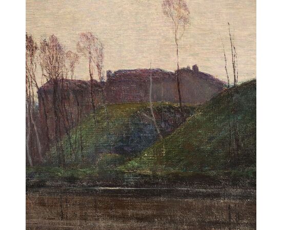 Dipinto di Cesare Maggi Paesaggio con Scorcio Fluviale 1906