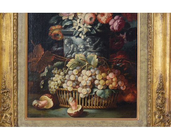 Pittore piemontese della seconda metà del XVIII secolo, Due Nature morte con composizione di fiori, frutta e funghi