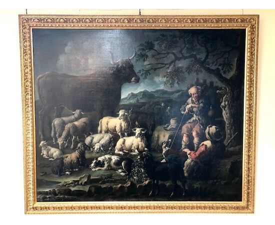 LANDSCAPE PAINTING WITH FIGURES AND ANIMALS     