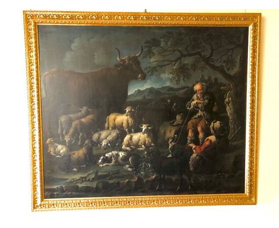 LANDSCAPE PAINTING WITH FIGURES AND ANIMALS     