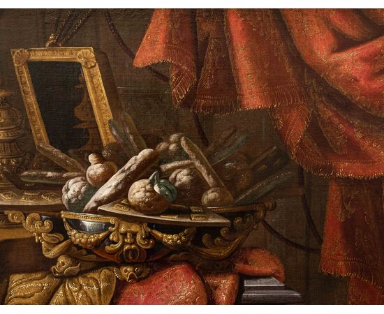 Antonio Tibaldi detto il Conte (1633 - documentato fino al 1675),  Natura morta con tappeti e dolci