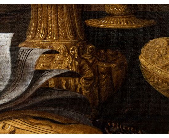 Antonio Tibaldi detto il Conte (1633 - documentato fino al 1675),  Natura morta con tappeti e dolci