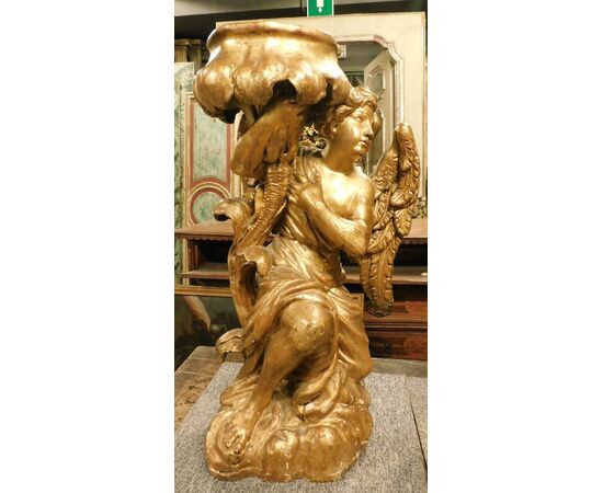 DARS569 - coppia di angeli porta busto dorati in legno, epoca '700, misura cm l 40 x H 78 x P 35