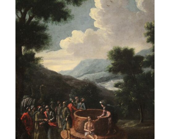 Antico dipinto ovale italiano del XVIII secolo "Giuseppe al pozzo"