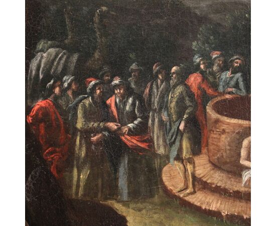 Antico dipinto ovale italiano del XVIII secolo "Giuseppe al pozzo"