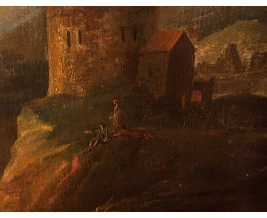Antico olio su tela italiano del 1700 paesaggio con personaggi e veduta cittadina con cascata