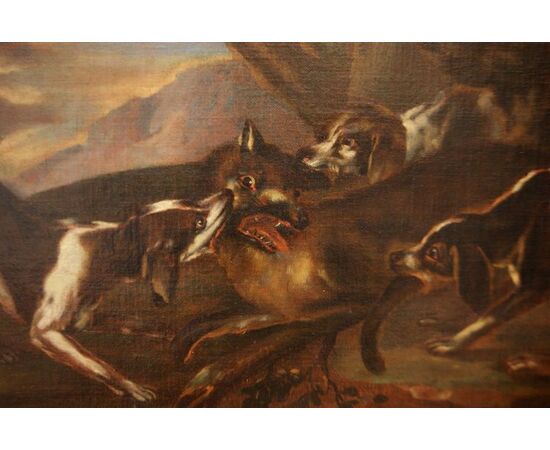 Coppia di oli su tela italiani del 1600 "Scene di caccia" Dalla forte carica espressiva 