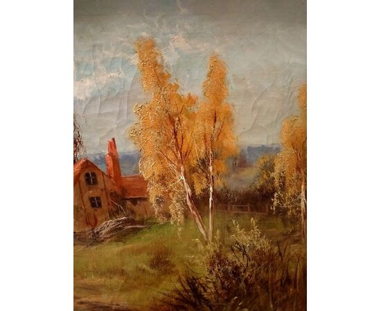Olio su tela del 1800 firmato raffigurante paesaggio campestre con fattoria e gregge di pecore