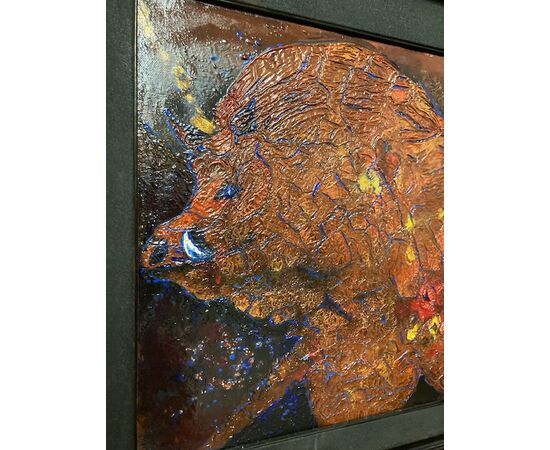 Antico dipinto “ Cinghiale “ arte contemporanea realizzato a smalti policromi . mis : 92 x cm 72  