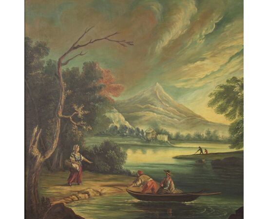 Oil on canvas painting view of a river with characters