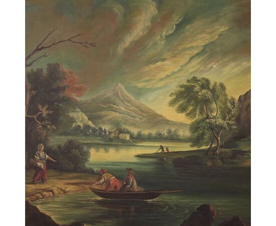 Oil on canvas painting view of a river with characters