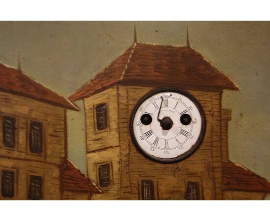 Olio su metallo paesaggio con personaggi francese del 1800 con orologio incorporato