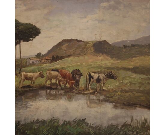 Grande dipinto francese paesaggio firmato del XX secolo