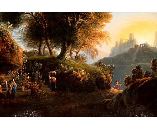Coppia di dipinti raffiguranti paesaggi con figure e animali