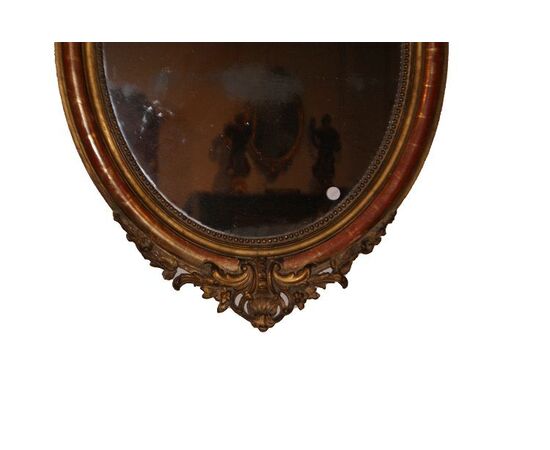 Antica specchiera ovale Luigi XV metà 1800 francese dorato foglia oro bolo visibile 