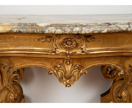 Consolle antica Luigi XV Genovese in legno dorato e intagliato. Periodo fine XVIII secolo.