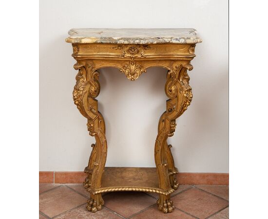 Consolle antica Luigi XV Genovese in legno dorato e intagliato. Periodo fine XVIII secolo.