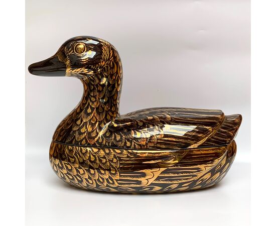 PIERO FORNASETTI, Black ceramic duck tureen with gold decorations     