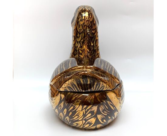 PIERO FORNASETTI, Black ceramic duck tureen with gold decorations     