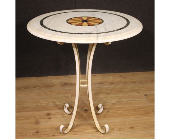 Italian iron side table with inlaid marble top