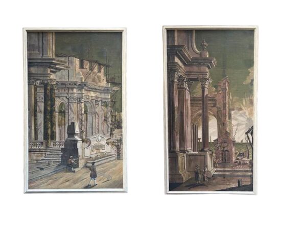 Coppia di dipinti raffiguranti capricci architettonici 