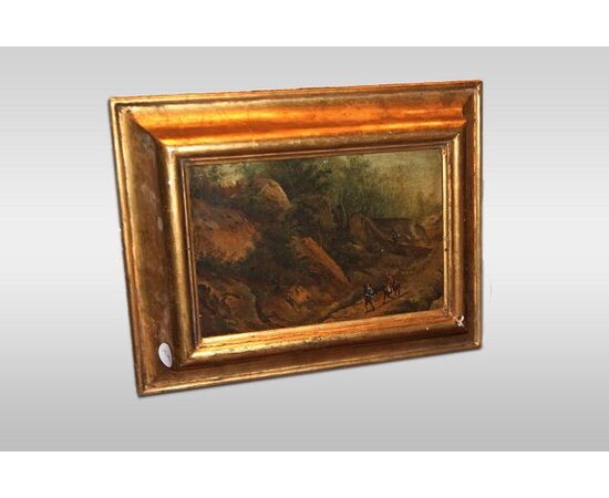 Olio su tela del 1700 raffigurante paesaggio con personaggi