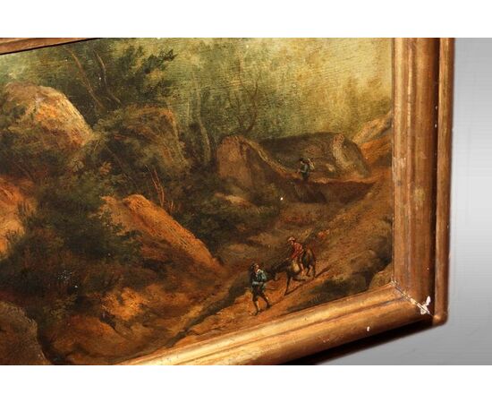Olio su tela del 1700 raffigurante paesaggio con personaggi