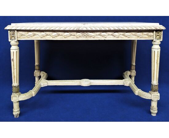 Louis XVI style coffee table in lacquered wood and marble top - Italy 20th century.     