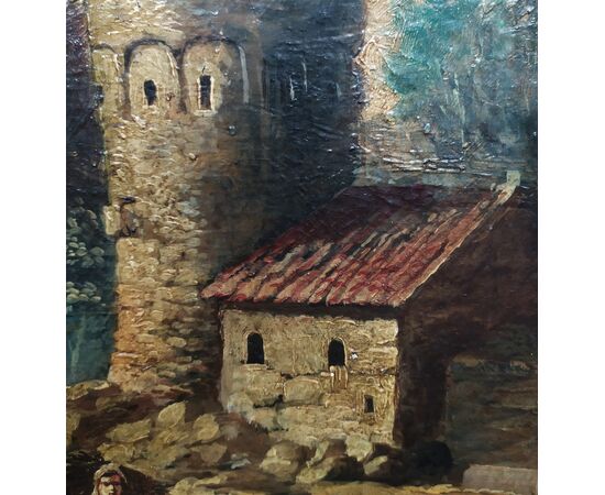 Oil painting on canvas &quot;Animated landscape with tower&quot; - Italy early 20th century.     