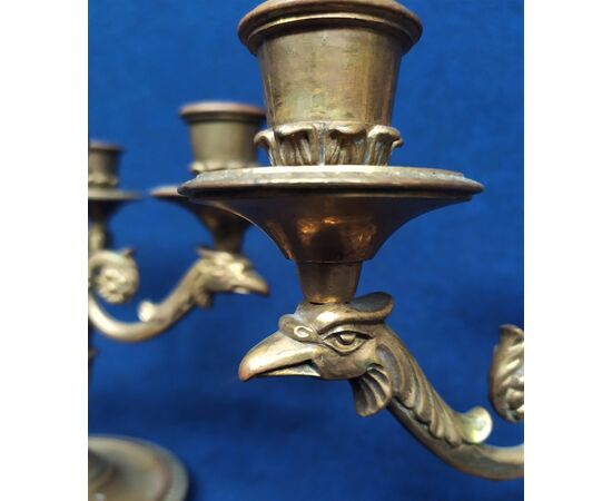 Pair of 3-light candlesticks in gilded bronze with eagles - Italy 19th century     