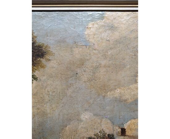Dipinto olio su tela "Paesaggio animato con torre" - Italia inizio XX sec.