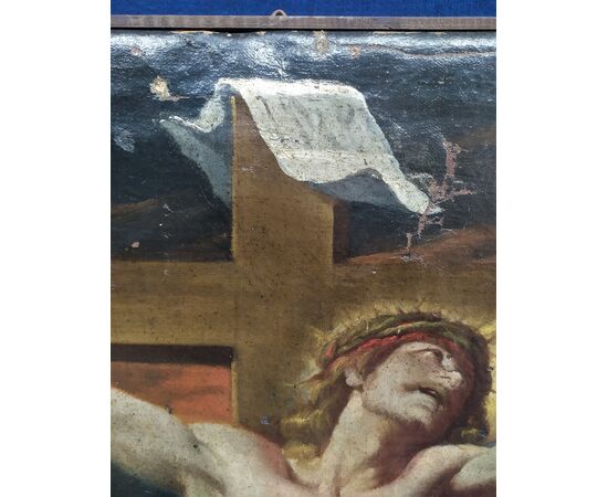 Large oil painting on canvas &quot;Crucifixion&quot; - Genoese School XVII century.     