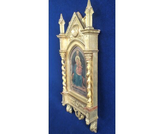 Neo-Gothic aedicule in gilded wood with central icon - Germany 19th century     