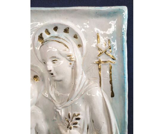Large polychrome majolica plaque &quot;Madonna Protectrice&quot; S. Fiorentino XX century.     