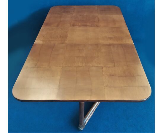 Tavolo rettangolare a bandelle in legno, bambù e cuoio - anni '70