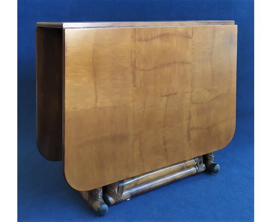 Tavolo rettangolare a bandelle in legno, bambù e cuoio - anni '70