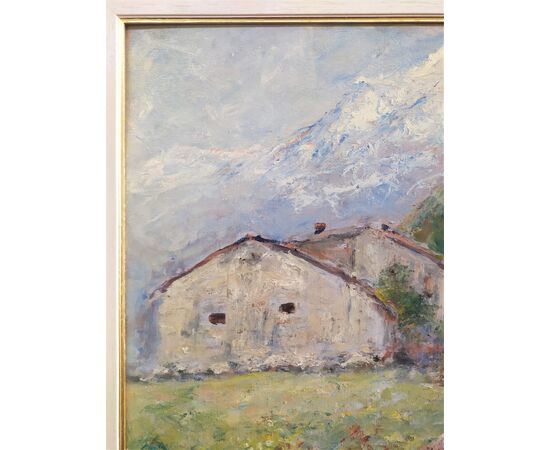 Carlo Aimetti (1901-1987) - dipinto olio su tavola "Rustici in Valmasino"