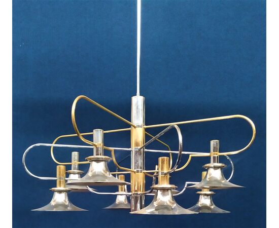 Lampadario design in metallo cromato e dorato - Italia anni '70