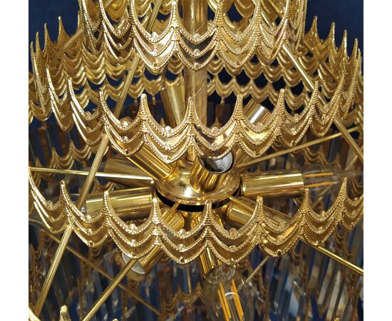 Lampadario tondo in metallo dorato e pendenti di cristallo - Ø cm 50 (B)